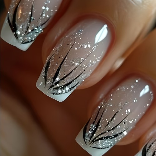 24pcs French Tip Nail Set - Black Stripe & Silvery Glitter, Glossy Finish, Elegant False Nails for Fashion