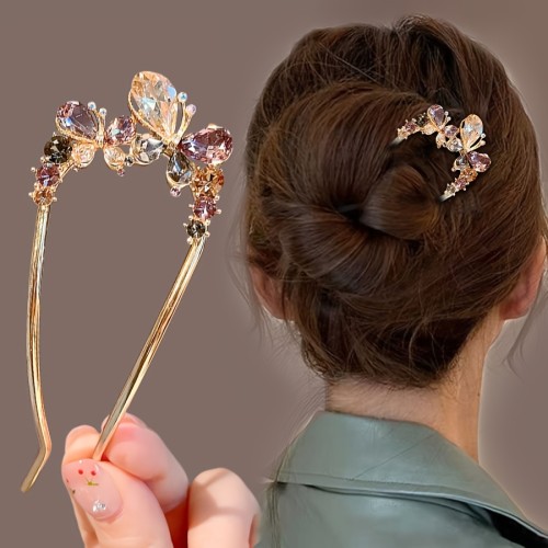 Vintage Style Golden Zinc Alloy 1pc Butterfly Hairpin - U-Shaped Hair Stick with Rhinestones for Elegant Updo Bun - Fashionable Hair Accessory