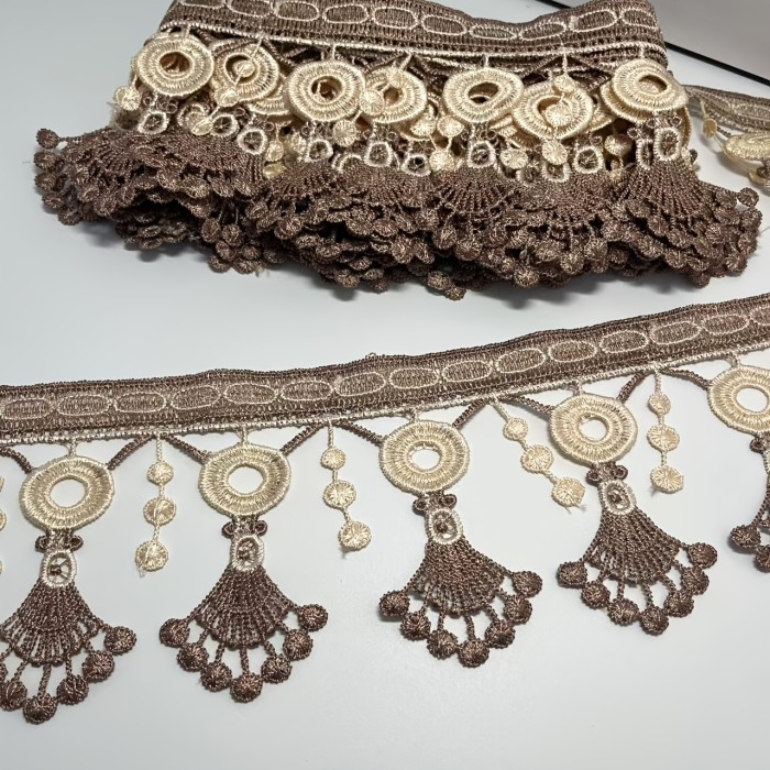 Two-Tone Embroidery Fringe Lace Trim - 5 Yards, Brown and Cream, Ideal for Crafts, Sewing Projects, Curtains, Sofa Pillows, Tablecloths