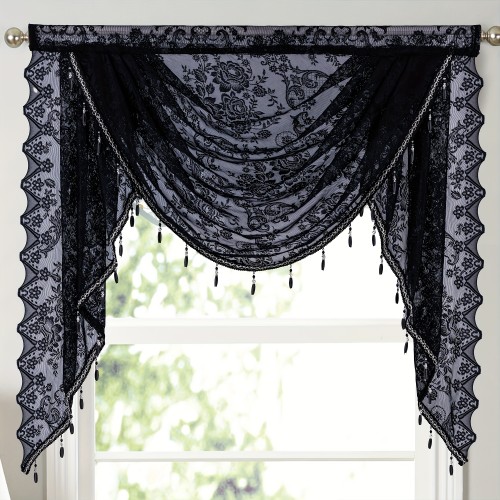 Semi-Sheer Polyester Wave Lace Valance - Chic Black Floral Jacquard Short Curtain for Kitchen & Living Room Decor with Rod Pocket Design