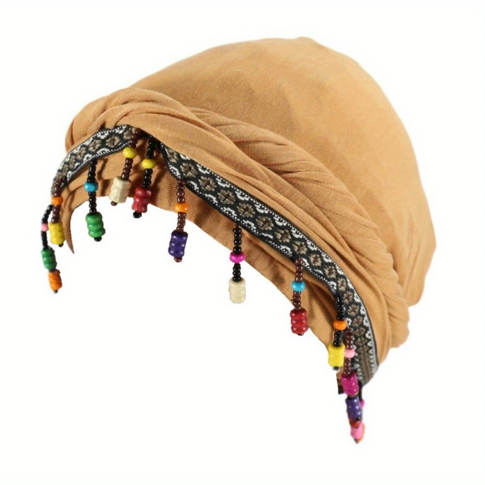 Ohrmbya Women's Fashion Headband - Moisture Wicking, Adjustable, Modal Material, Satin Lined, Beaded Turban Hat for All-Season Wear, 1pc