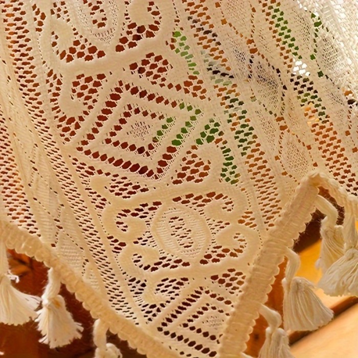Semi-Sheer Beige Lace Cafe Curtain - Bohemian Chic Rod Pocket Design with Tassels for Easy Hanging, Perfect for Kitchen & Living Room Decor