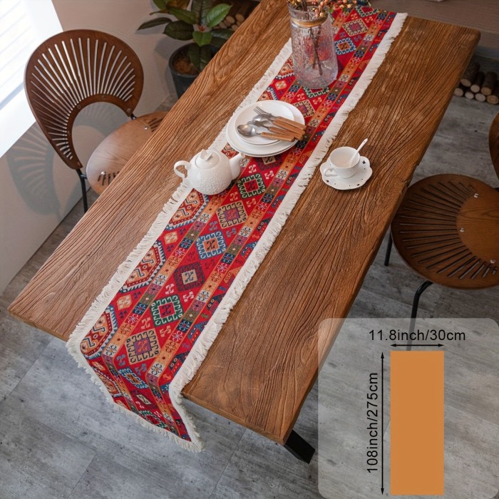 100% Polyester Rectangular Table Runner - Elegant, Red Cashew Pattern, Floral Embroidered with Tassels for Christmas Holiday & Everyday Use