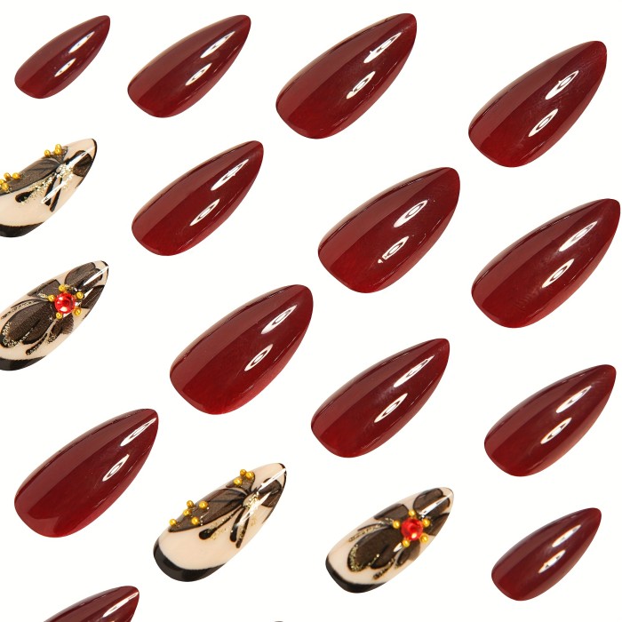 24pcs Chic Red Almond Press-On Nails Set with Golden Butterfly & Rhinestone Accents - Glossy Finish, Medium Length, Includes Jelly Adhesive & Nail File for Easy Application