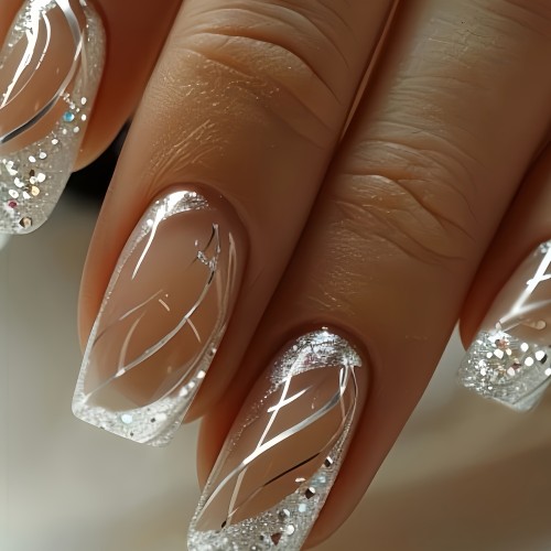 A Box Of 24pcs Of Press-on French-style Shiny Silvery Glitter Elegant False Nails With Simple And Elegant Lines, Suitable For Women And Girls For Dating And Daily Wear. The Advanced Glossy Surface Can Be Detached, And The Set Comes With Jelly Glue And A Nail File.