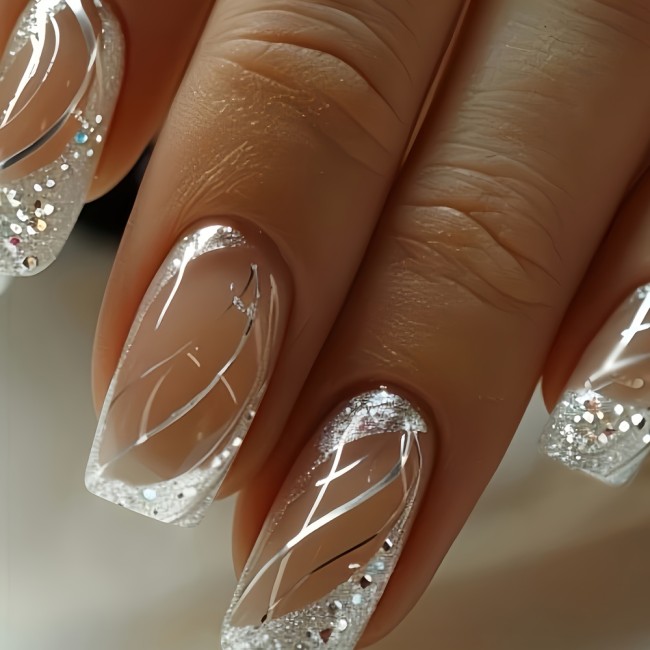 A Box Of 24pcs Of Press-on French-style Shiny Silvery Glitter Elegant False Nails With Simple And Elegant Lines, Suitable For Women And Girls For Dating And Daily Wear. The Advanced Glossy Surface Can Be Detached, And The Set Comes With Jelly Glue And A Nail File.