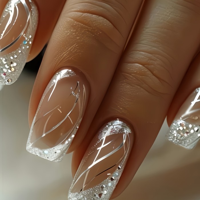 A Box Of 24pcs Of Press-on French-style Shiny Silvery Glitter Elegant False Nails With Simple And Elegant Lines, Suitable For Women And Girls For Dating And Daily Wear. The Advanced Glossy Surface Can Be Detached, And The Set Comes With Jelly Glue And A Nail File.