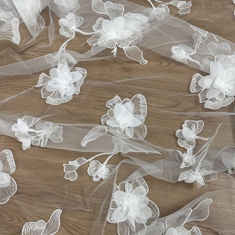 Embroidered 3D Flower Lace Fabric by The Yard - French Tulle Spandex Blend for Wedding Bridal Gown, DIY Dressmaking - Hand Wash Only - 53.1\