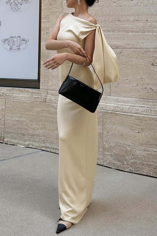 Sexy Solid Color Lace Up Irregular Sloping Shoulder Long Dresses