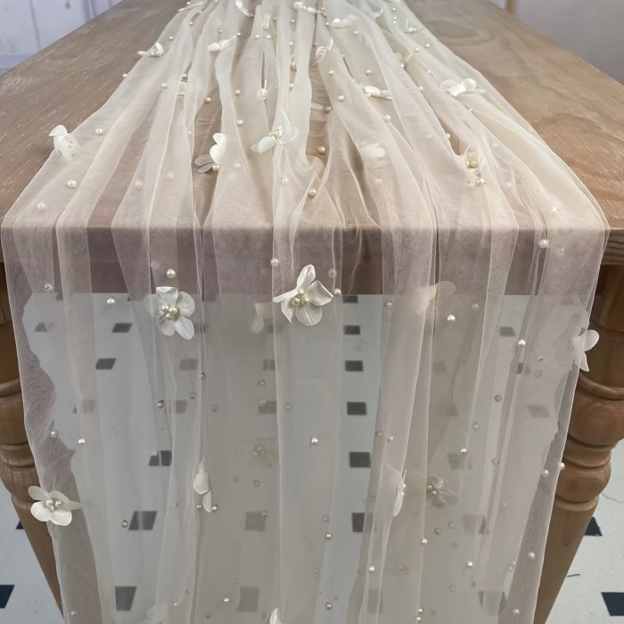 White Pearl & Floral Tulle Table Runner - Elegant, Lightweight, Beaded Bridal Veil with Lace Overlay for Wedding Receptions & Bridal Showers