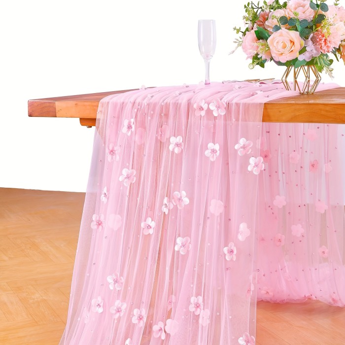 White Pearl & Floral Tulle Table Runner - Elegant, Lightweight, Beaded Bridal Veil with Lace Overlay for Wedding Receptions & Bridal Showers