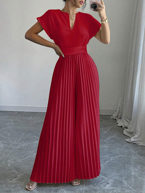 Loose Short Sleeves Pleated Solid Color Split-Joint V-Neck Jumpsuits