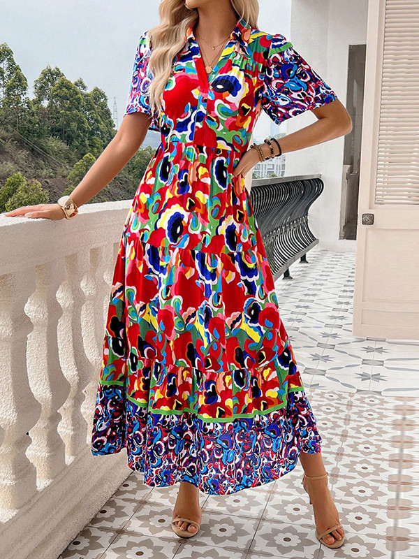 A-Line Half Sleeves Buttoned Contrast Color Printed Lapel Maxi Dresses
