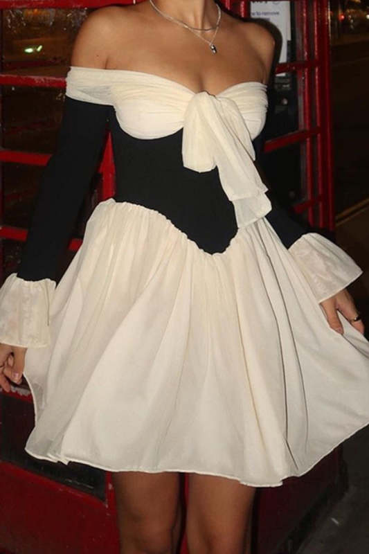 Sexy Backless Contrast Off Shoulder Waist Skirt Dresses