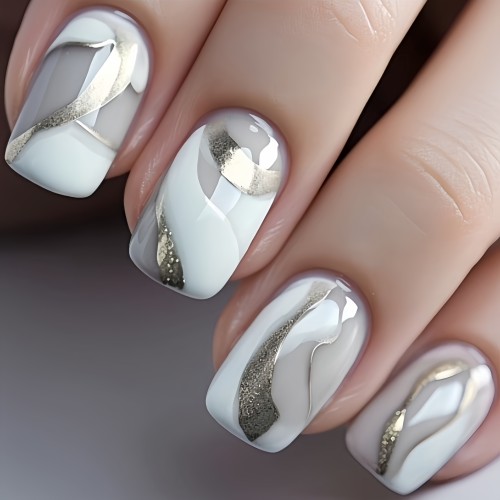 Silvery Glitter Glossy 24pcs Finished Boxed Nail Art - Medium-Long Square Nail Removable False Nail Stickers