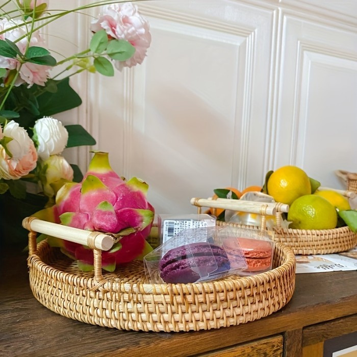 1pc Handmade Rattan Serving Tray - Double Ear Tea Tray, Fruit Plate, Bread Snack Basket, Storage Woven Basket, Heat Insulation, Perfect for Home Kitchen Supplies