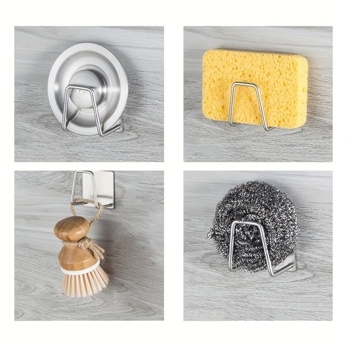 1pc Stainless Steel Sponge Holder for Kitchen Sink - No-Drill, Wall Mount Design with Dual Hooks, Ideal for Sponges & Small Tools, Keeps Surfaces Clean, Sponges for Washing Dishes