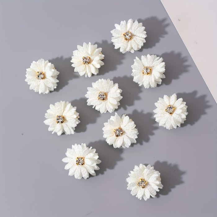 10pcs Fabric Flower Hair Clips Set, Solid Color, Rhinestone Center, Party & Daily Wear - White, Chinese Style Bridal Headwear