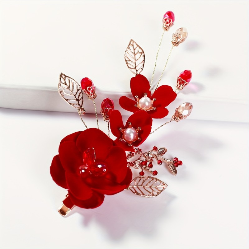 Handcrafted Floral Bridal Hair Clip Vintage Red Floral Bridal Hair Clip - Handcrafted Wedding & Formal Dress Accessory, Fabric Flower Design