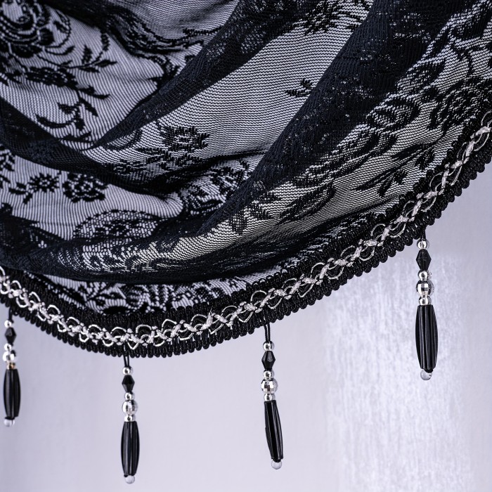 Semi-Sheer Polyester Wave Lace Valance - Chic Black Floral Jacquard Short Curtain for Kitchen & Living Room Decor with Rod Pocket Design