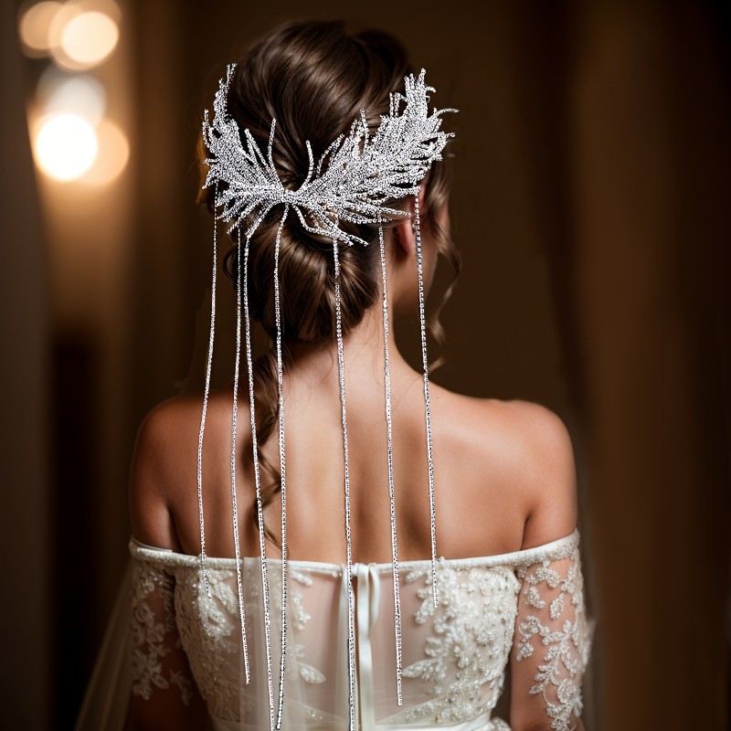 Rhinestone Bridal Hair Comb with Cascading Chains, Romantic Wedding Hair Accessory with Sparkling Tassel Design, Elegantly Handcrafted Headpiece for Brides HP639 - Hand Wash Only