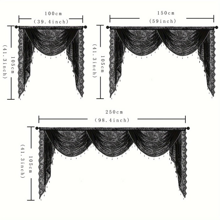 Semi-Sheer Polyester Wave Lace Valance - Chic Black Floral Jacquard Short Curtain for Kitchen & Living Room Decor with Rod Pocket Design