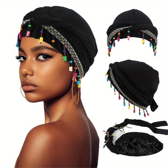 Ohrmbya Women's Fashion Headband - Moisture Wicking, Adjustable, Modal Material, Satin Lined, Beaded Turban Hat for All-Season Wear, 1pc