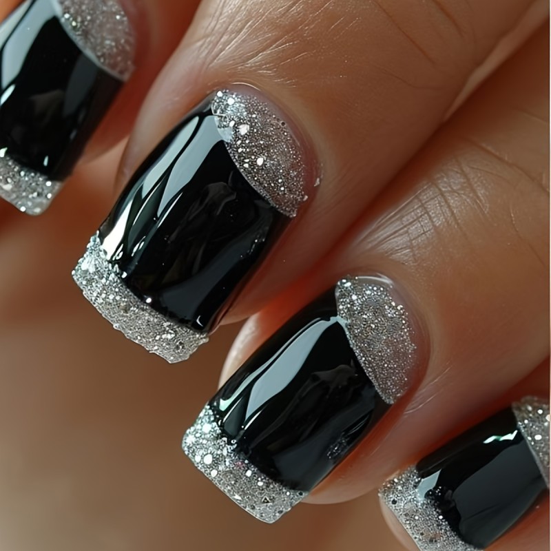 Black Nail Medium-Long Silvery Glitter Nail Bright Surface False Nail Sheets Elegant Contrast False Nail Sheets Square Wearable Nail Fashion Press-On Nail Stickers 24pcs