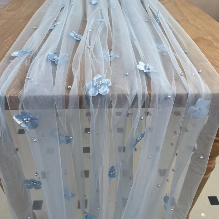 White Pearl & Floral Tulle Table Runner - Elegant, Lightweight, Beaded Bridal Veil with Lace Overlay for Wedding Receptions & Bridal Showers