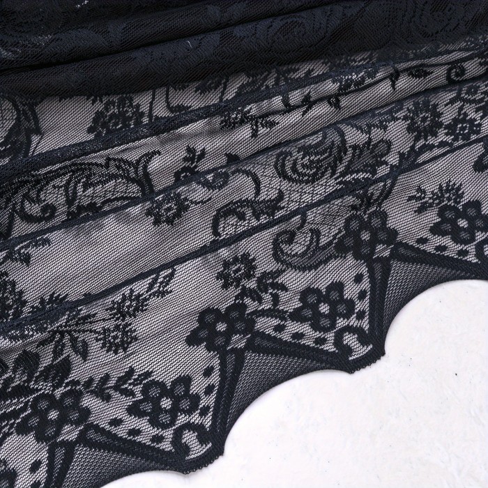 Semi-Sheer Polyester Wave Lace Valance - Chic Black Floral Jacquard Short Curtain for Kitchen & Living Room Decor with Rod Pocket Design