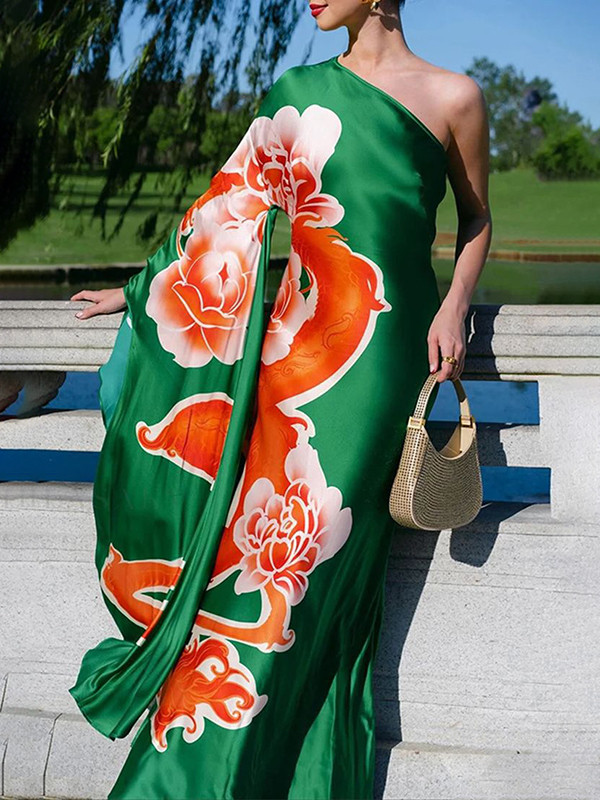 Long Sleeves Loose Asymmetric Flower Print One-Shoulder Maxi Dresses