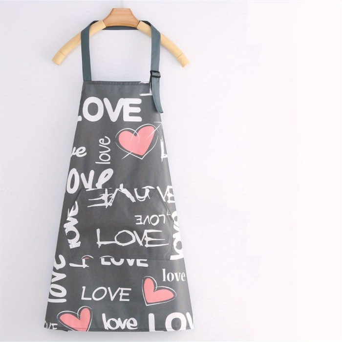 Floral & Heart Print Apron - Adjustable Neck Strap, Large Pocket, Easy-Clean PVC, Stylish Kitchen Accessory for Cooking & Gardening, 1pc