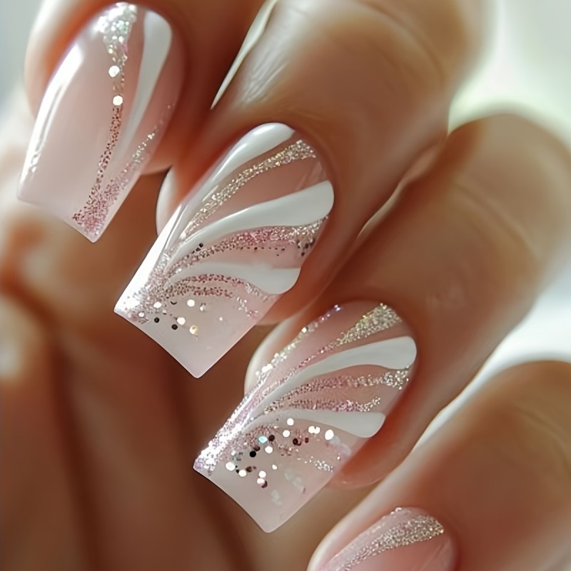 24pcs Elegant Pink & White Glitter Gradient Press-On Nails - Medium Square Shape, Removable Sparkle Design for a Chic Look, Nail Decor