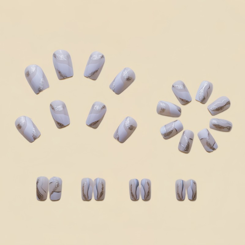 Silvery Glitter Glossy 24pcs Finished Boxed Nail Art - Medium-Long Square Nail Removable False Nail Stickers