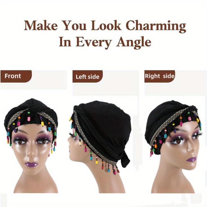 Ohrmbya Women's Fashion Headband - Moisture Wicking, Adjustable, Modal Material, Satin Lined, Beaded Turban Hat for All-Season Wear, 1pc