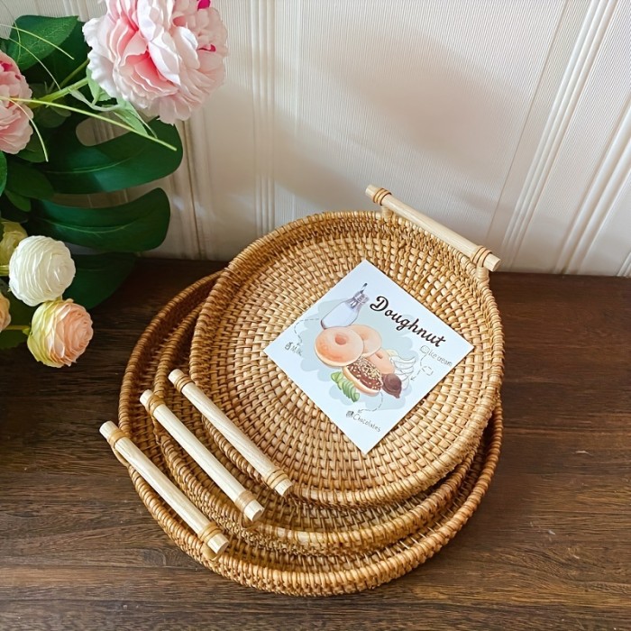 1pc Handmade Rattan Serving Tray - Double Ear Tea Tray, Fruit Plate, Bread Snack Basket, Storage Woven Basket, Heat Insulation, Perfect for Home Kitchen Supplies