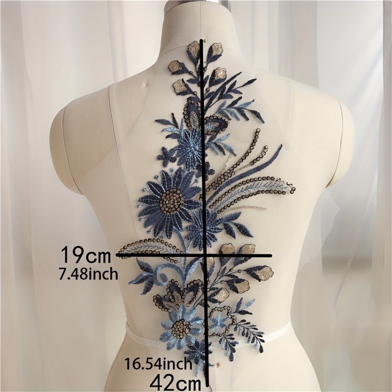 1 Pair Elegant Blue Sequin & Bead Floral Lace Appliques, 16.54x7.48\
