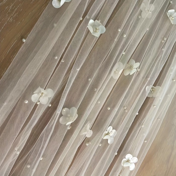 White Pearl & Floral Tulle Table Runner - Elegant, Lightweight, Beaded Bridal Veil with Lace Overlay for Wedding Receptions & Bridal Showers