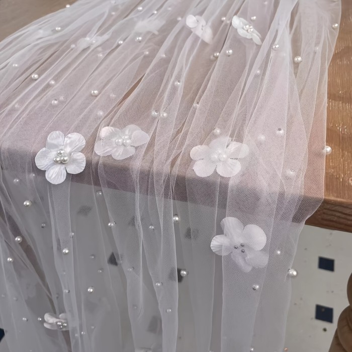 White Pearl & Floral Tulle Table Runner - Elegant, Lightweight, Beaded Bridal Veil with Lace Overlay for Wedding Receptions & Bridal Showers