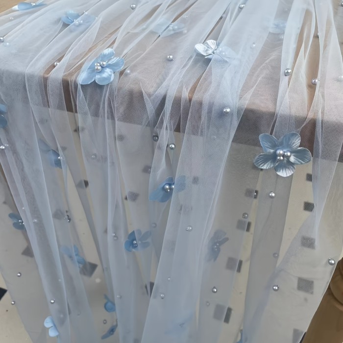 White Pearl & Floral Tulle Table Runner - Elegant, Lightweight, Beaded Bridal Veil with Lace Overlay for Wedding Receptions & Bridal Showers