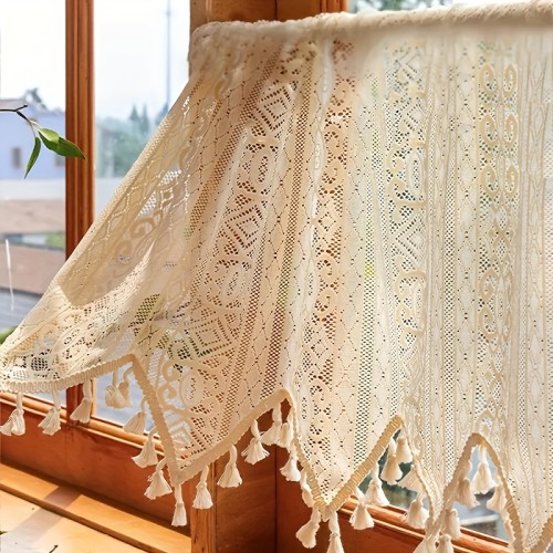 Semi-Sheer Beige Lace Cafe Curtain - Bohemian Chic Rod Pocket Design with Tassels for Easy Hanging, Perfect for Kitchen & Living Room Decor