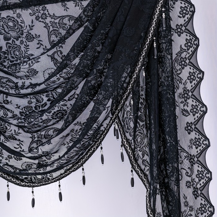 Semi-Sheer Polyester Wave Lace Valance - Chic Black Floral Jacquard Short Curtain for Kitchen & Living Room Decor with Rod Pocket Design