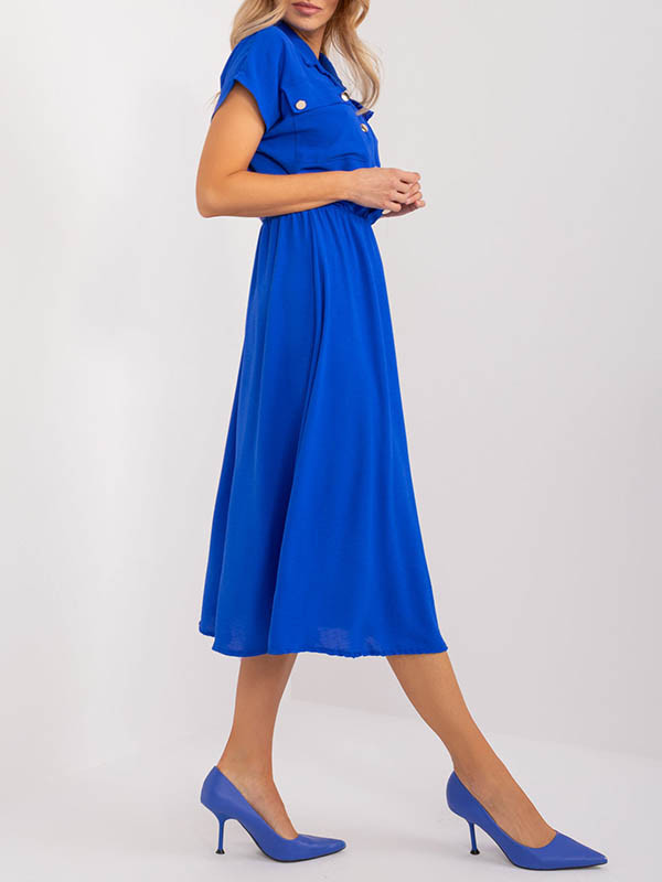 A-Line High Waisted Buttoned Pleated Solid Color Lapel Midi Dresses