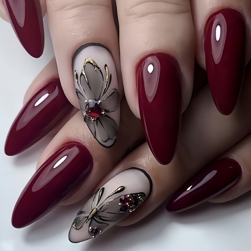 24pcs Chic Red Almond Press-On Nails Set with Golden Butterfly & Rhinestone Accents - Glossy Finish, Medium Length, Includes Jelly Adhesive & Nail File for Easy Application