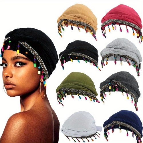 Ohrmbya Women's Fashion Headband - Moisture Wicking, Adjustable, Modal Material, Satin Lined, Beaded Turban Hat for All-Season Wear, 1pc