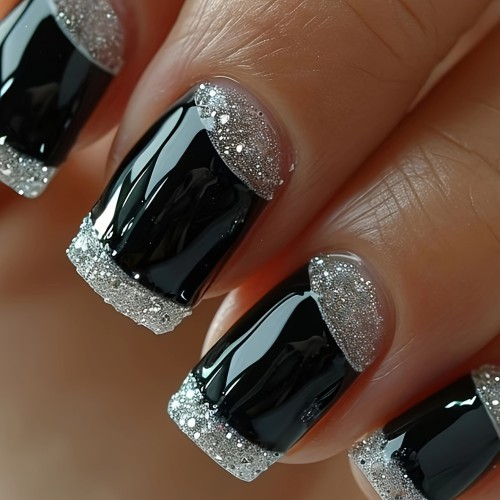 Black Nail Medium-Long Silvery Glitter Nail Bright Surface False Nail Sheets Elegant Contrast False Nail Sheets Square Wearable Nail Fashion Press-On Nail Stickers 24pcs