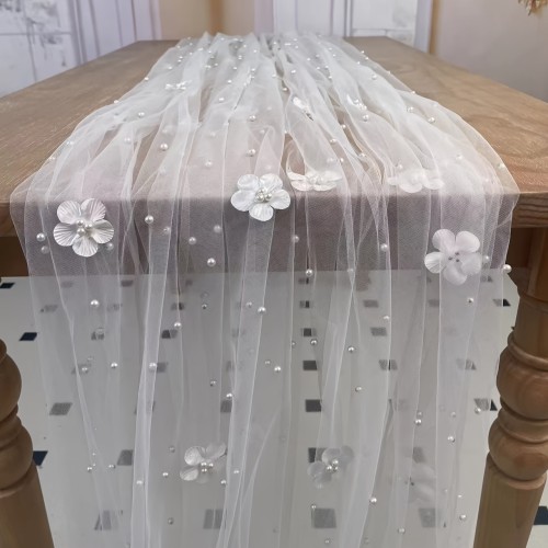White Pearl & Floral Tulle Table Runner - Elegant, Lightweight, Beaded Bridal Veil with Lace Overlay for Wedding Receptions & Bridal Showers