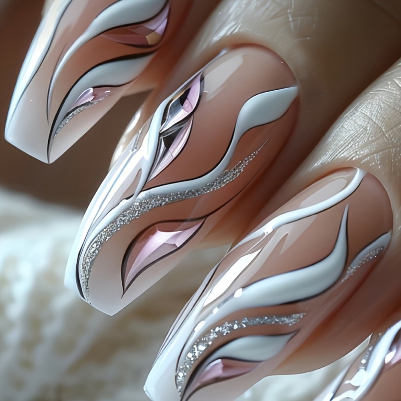 24pcs Elegant Ballet Coffin Press-On Nails Set, Mixed Color System with Silvery Stripe Accents, Glossy French Manicure False Nails, Fashionable & Versatile for Women and Girls, Includes Jelly Glue & Nail File