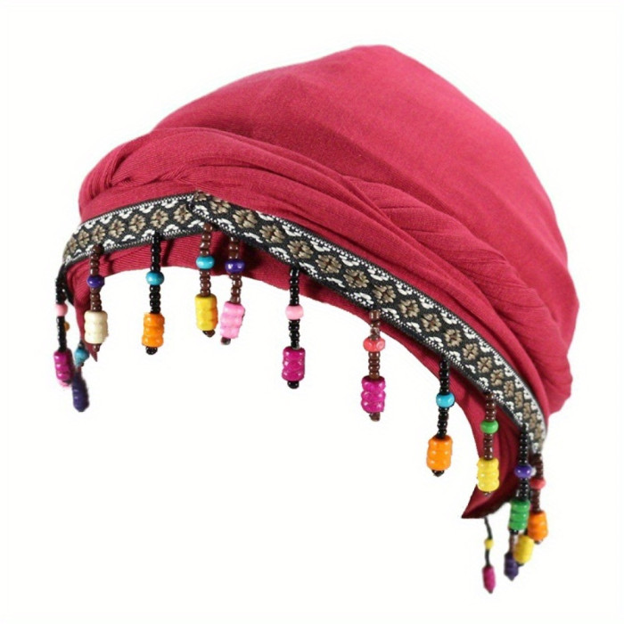 Ohrmbya Women's Fashion Headband - Moisture Wicking, Adjustable, Modal Material, Satin Lined, Beaded Turban Hat for All-Season Wear, 1pc