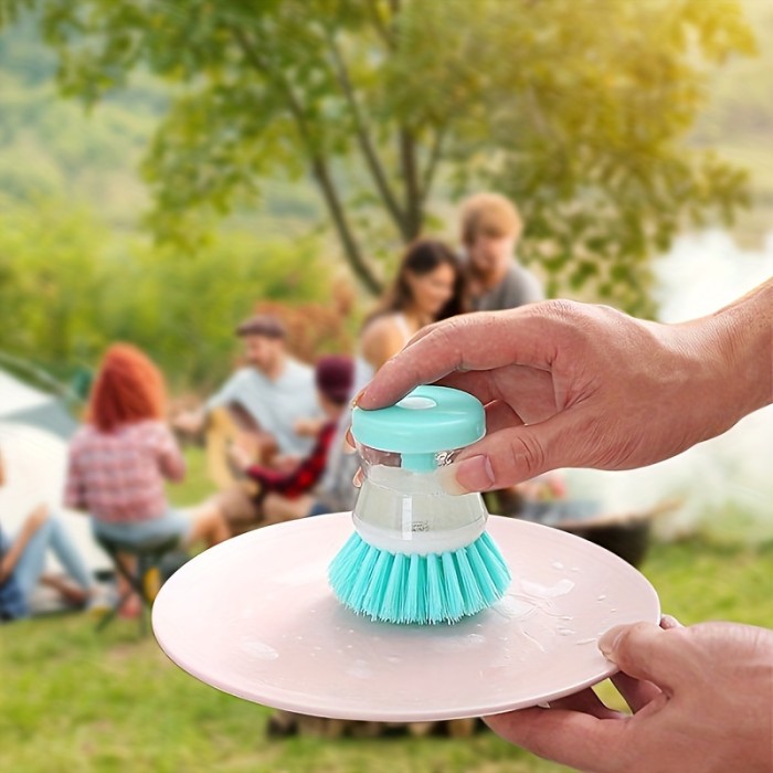 1pc Portable Kitchen Cleaning Brush 1pc, Multi-Purpose Kitchen Pot Cleaning Brush, Portable Press Liquid Dishwashing Brush, Food-Safe PP Material, Uncharged, Ideal for RV, Outdoor Camping, Picnic Cleaning Tools, Durable Outdoor Kitchenware